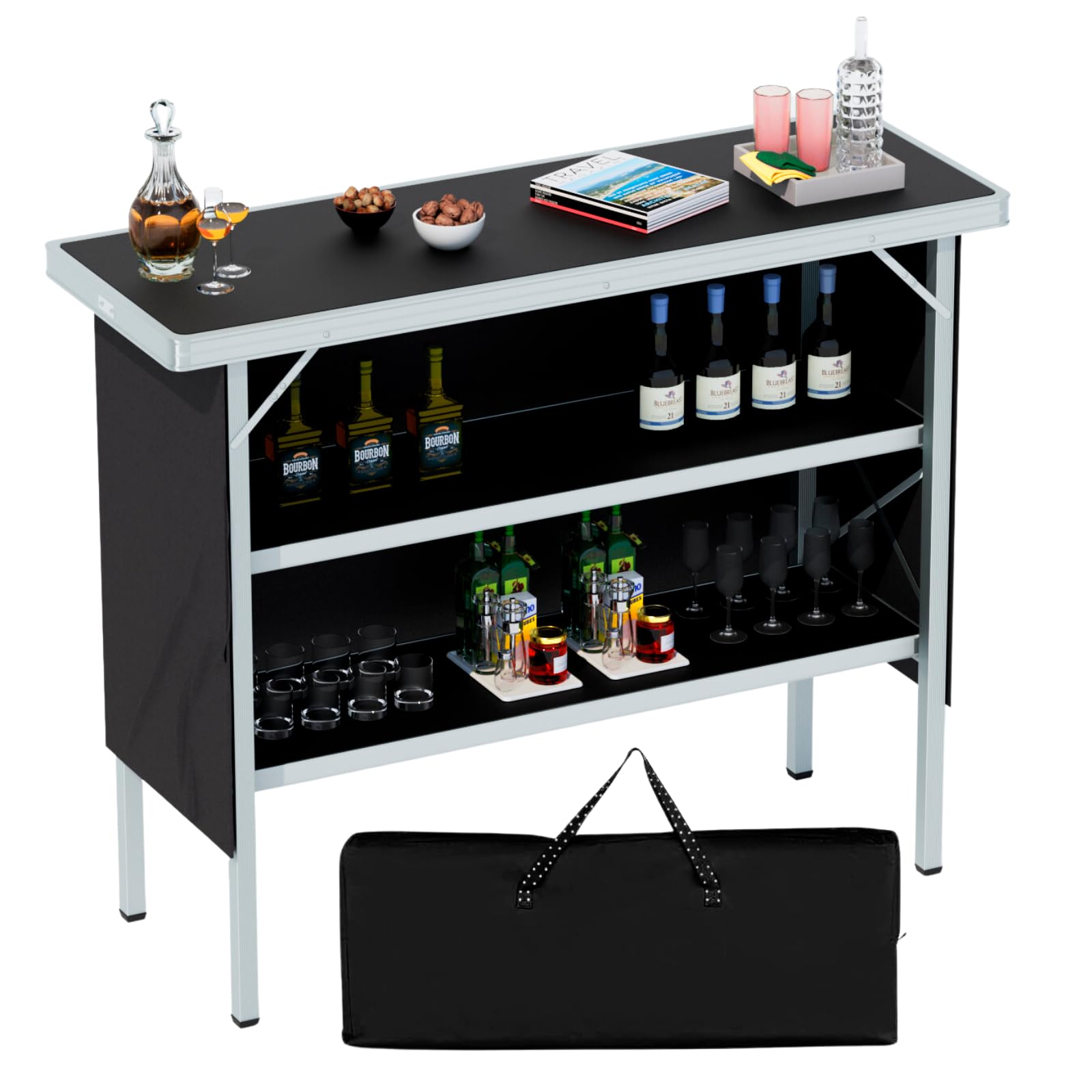 Photo 1 of Watbick Portable Bar Table for Party, Folding Camping Table 43.5''L x 34.5''H, 2-Tier Open Storage Shelves, Removable Oxford Cloth, Foldable Picnic Table for BBQ, Outdoor Bars Events (Black)