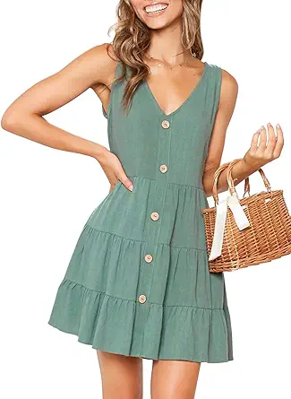 MITILLY Women's Casual T-Shirt Dresses Sleeveless V Neck Button Down A Line Loose Swing Short Dress with Pockets