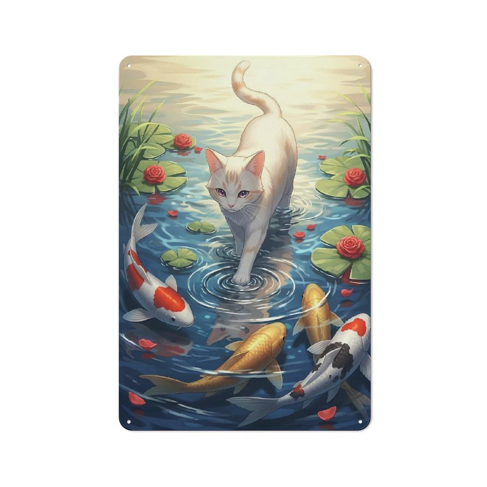 Junmoney Style-5 Tin Wall Plaque 30X20cm With Cat And Koi Pond Serenity For Guest Room Or Hallway, For Garage, Workshop And Man Cave Decoration