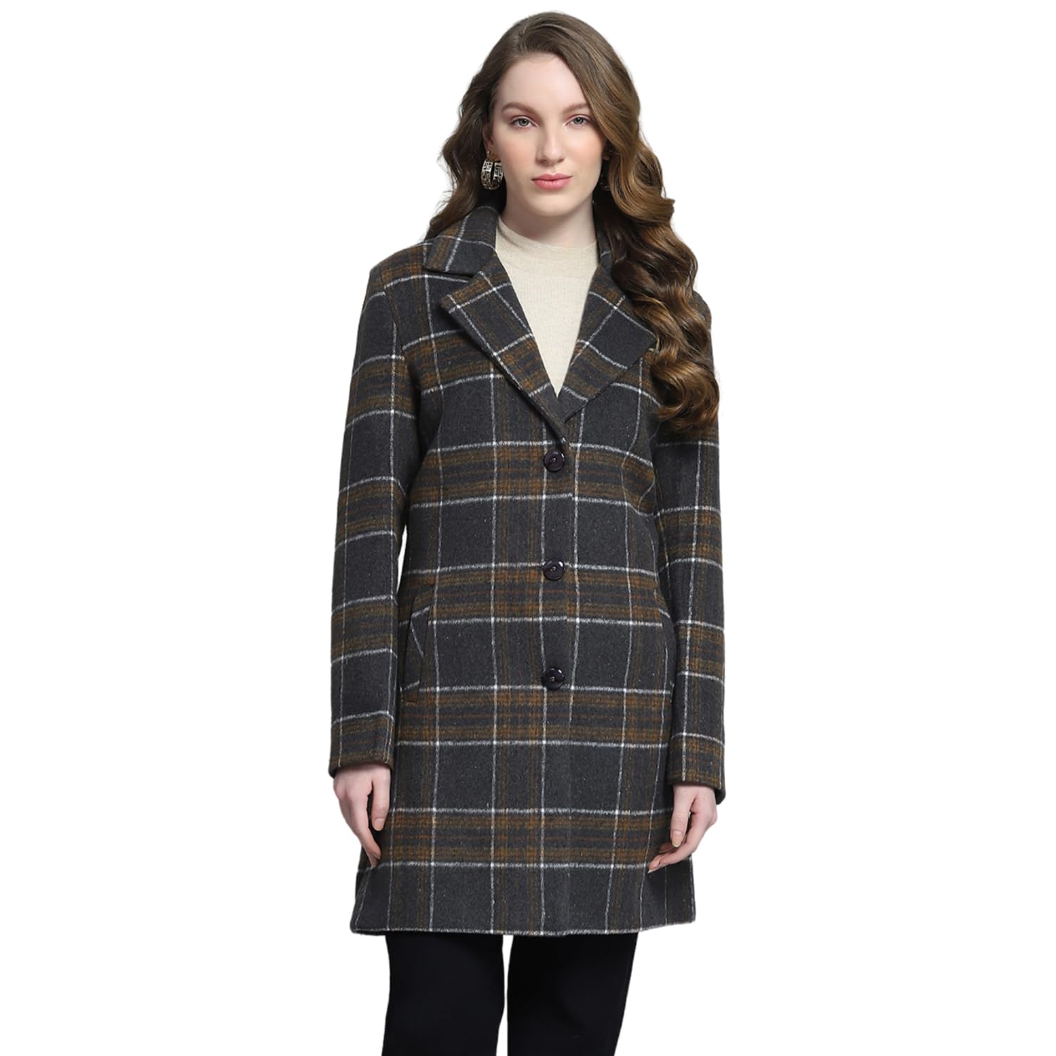 Womens Check Notch Lapel Full Sleeve Blazer-image-5