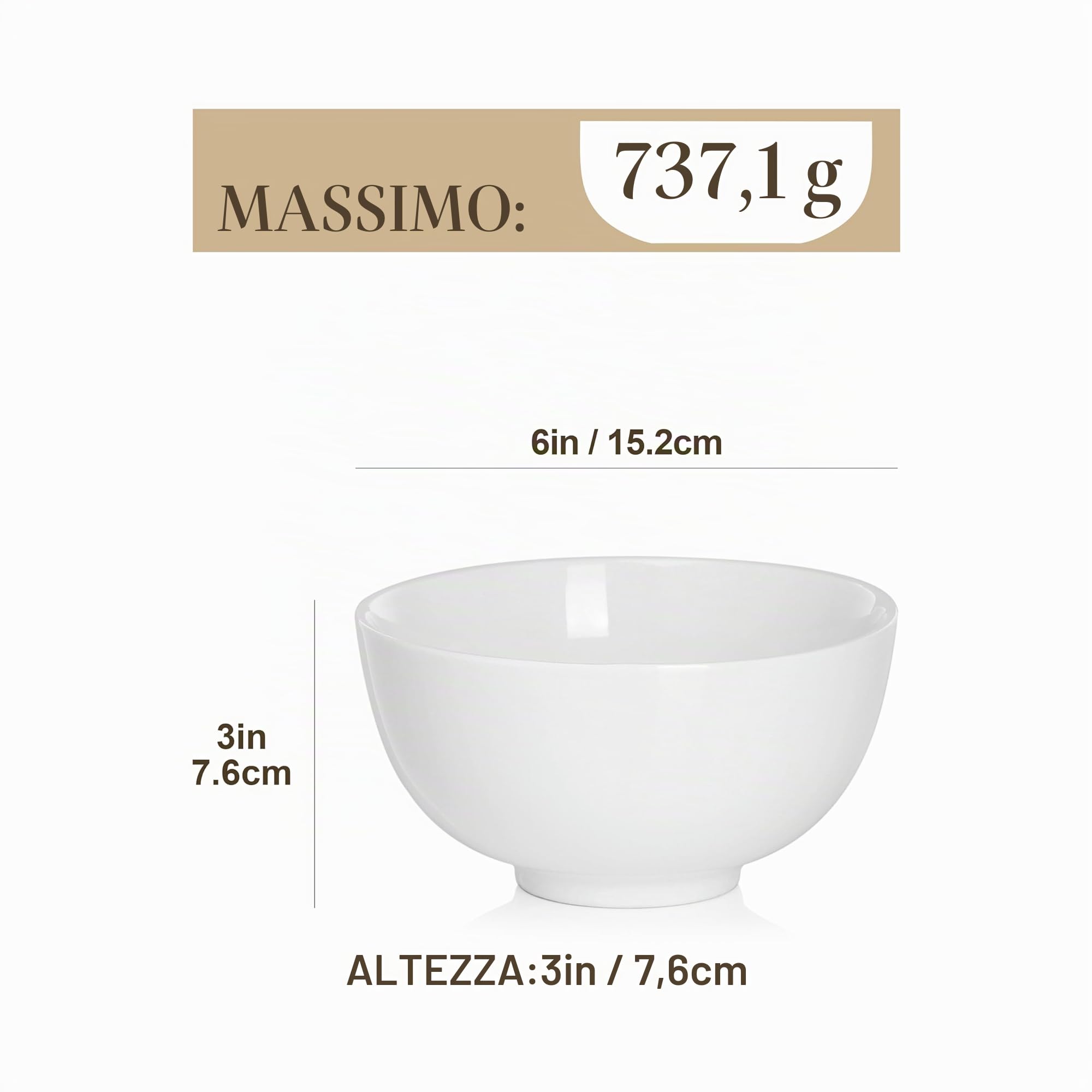 MALACASA Serie REGULAR, 6 Ciotole per Cereali in Porcellana Bianca da 780 ml, Ciotole Rotonde per la Colazione (15,2 cm), Ideali per Zuppe, Insalate e Riso