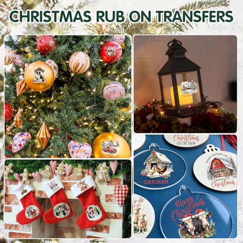 Image of ZMRU 24 Sheets Vintage Christmas Rub On Transfers for Crafts, Rub On Transfers Christmas for Wood,Furniture Decals, Glass, Porcelain, Leather, Canvas, Fabric Projects,3 * 3inch(Farm Christmas)