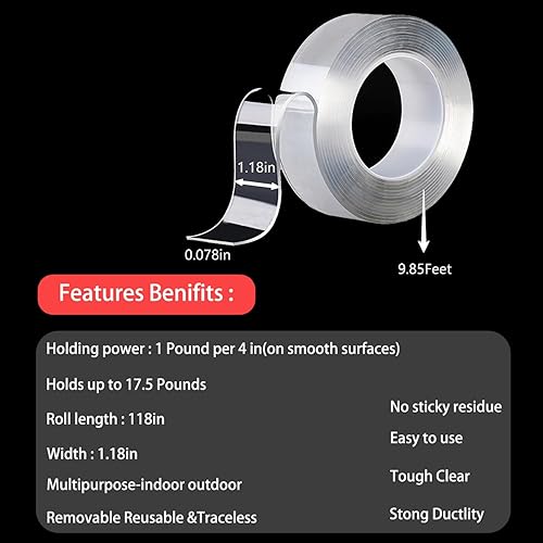 Miniatura 2 de Cinta de montaje nano de doble cara resistente, doble 2 cintas adhesivas para paredes, tiras adhesivas fuertes lavables de pared, cinta transparente