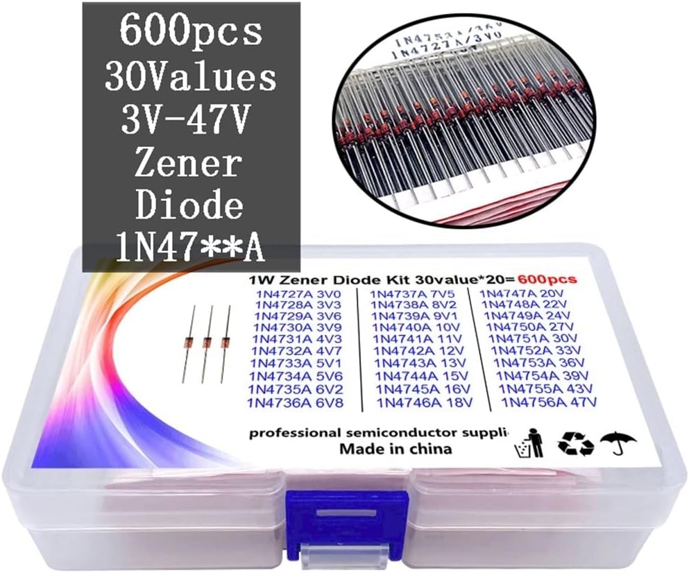 600pcs 3V-47V Diode Kit 1W Zener Voltage Regulator 39V 30V 27V 24V 22V 20V 18V 16V 13V 12V 10V Zener Diode Set 30Values*20pcs