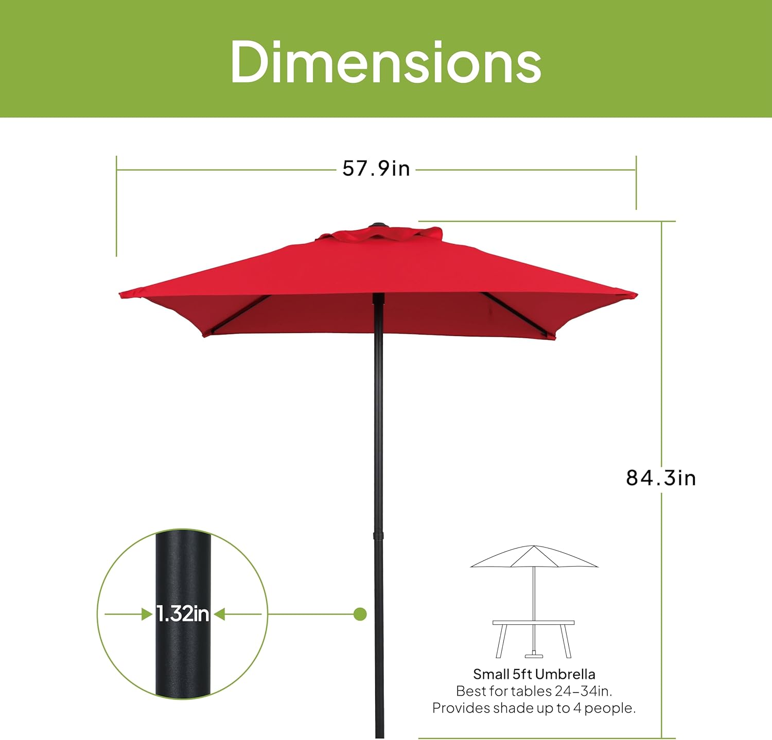 5FT Square Patio Umbrella, Outdoor Market Umbrella Push Up Only (No Crank), Manual Push Up Table Umbrella with 4 Ribs, Red UV Protection Sun Shade for Garden Deck Bistro