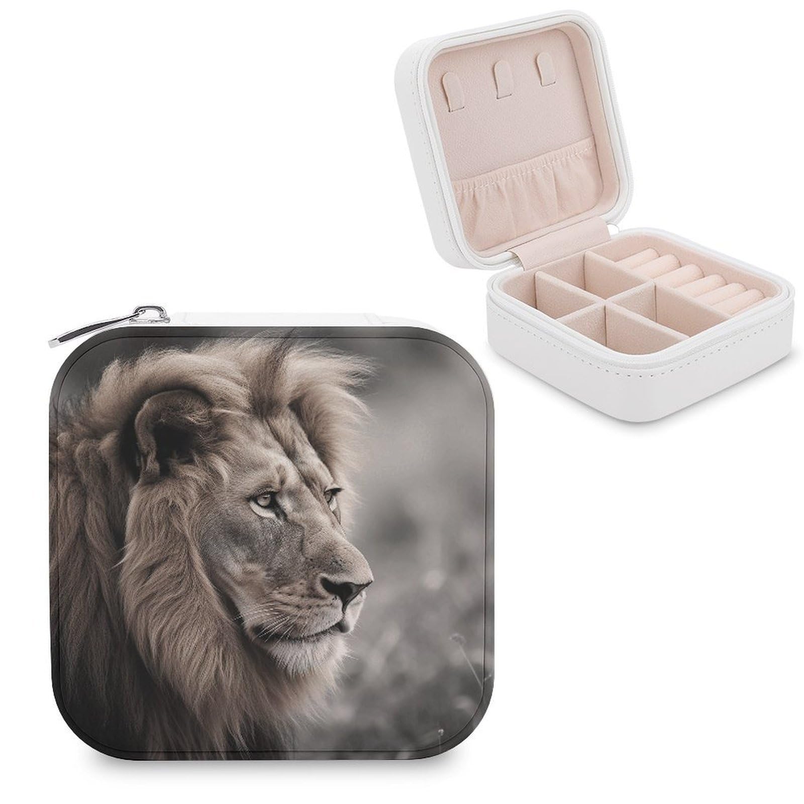 FekiLoot Wildlife Lion Jewelry Case Personalized Leather Jewelry Box Mini Travel Jewelry Case Small Portable Jewelry Organizer for Ring Earrings Necklace Bracelet