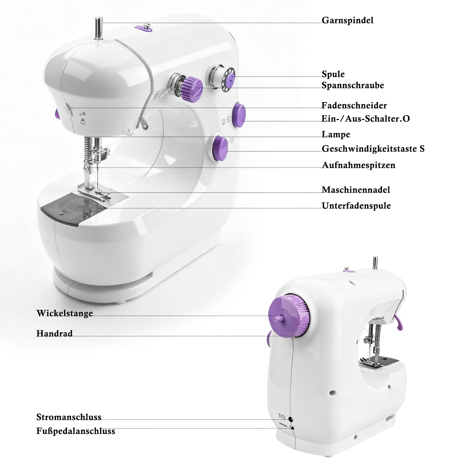 Nähmaschine für Anfänger mit 42 Teilen Zubehör, Tragbare Nähmaschine Kinder Elektrisch mit Dual-Speed, Leicht Tragbar für DIY & Handarbeit - für Kinder & Erwachsene (Lila/Weiß)