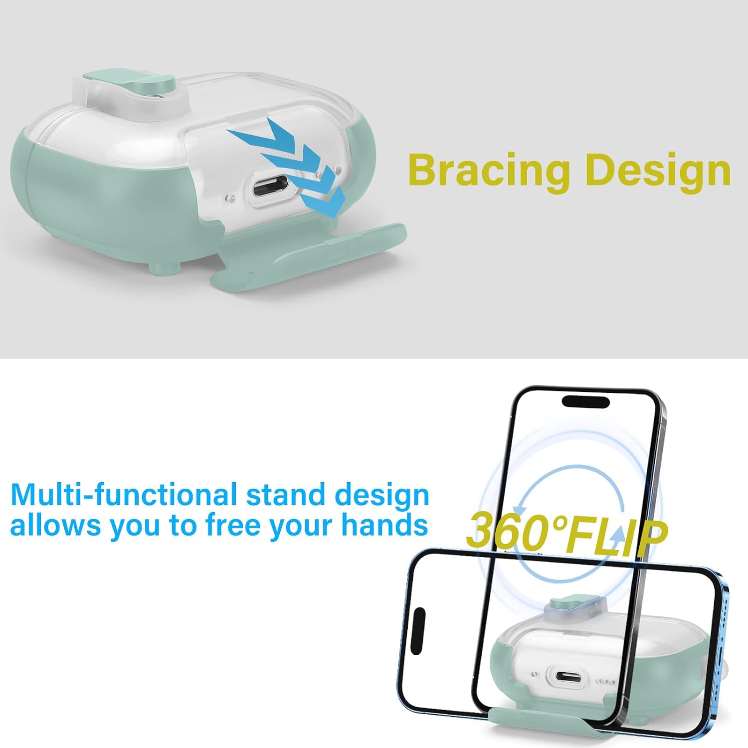HITZEE for AirPods Pro 2(2022)/Pro 1(2019) Case with Phone Stand, Soft TPU Protective Cover for AirPods Pro 1/2 Generation with Magnetic Automatic Lock, Compatible with Magsafe, Mint Green image 5