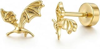 Yeqeyiq Bearded Dragon Earrings for Women - Gold Tone Pterosaur Dinosaur Studs, Comfortable Flat Screw Back