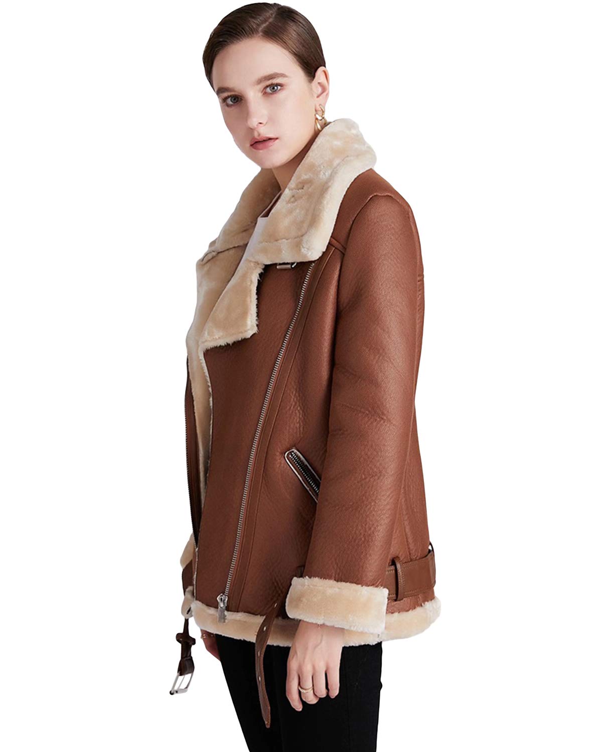LY VAREY LIN Women's Faux Shearing Moto Jacket Thick Lined Parka Winter Shearling Coat Leather Jacket