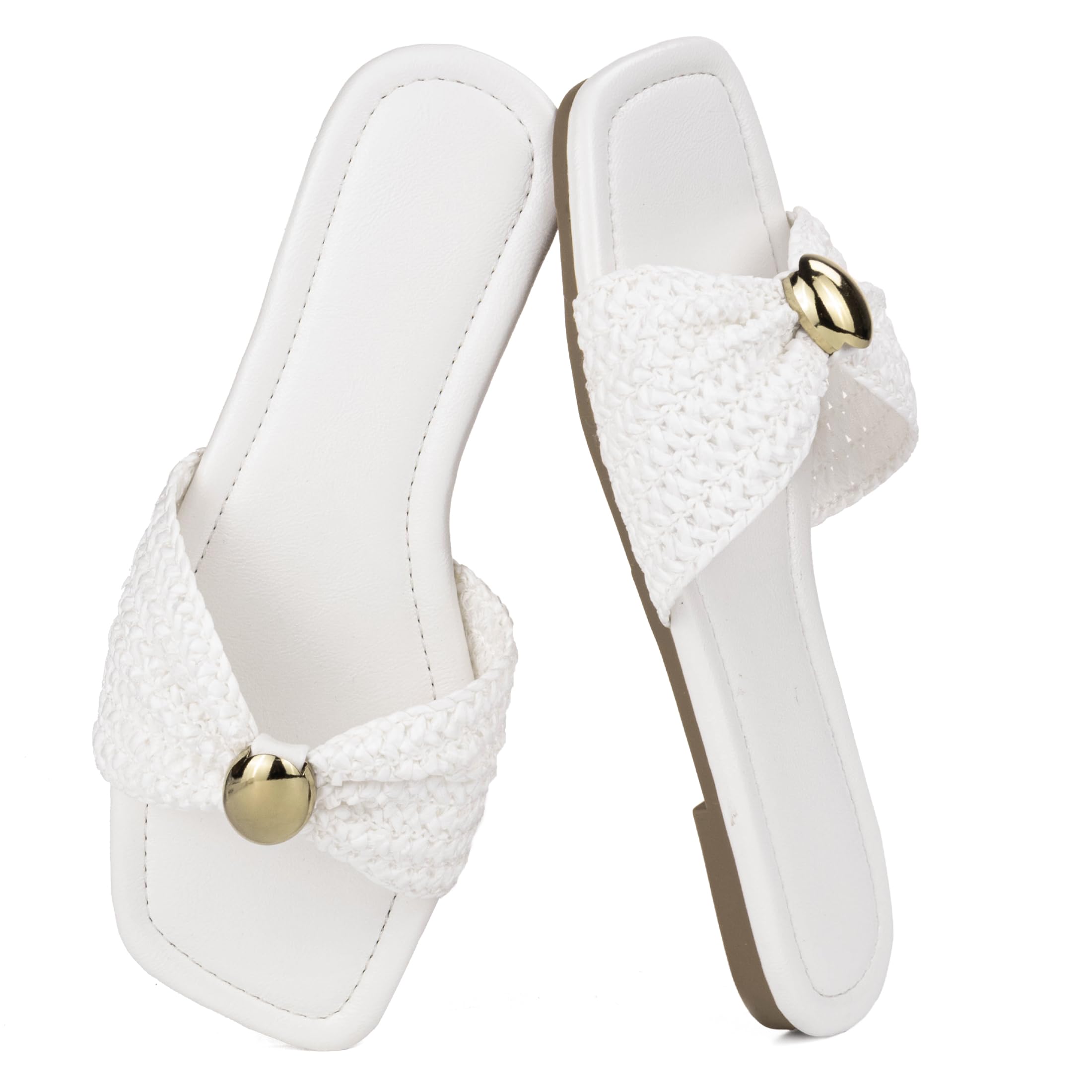 Mnking Damen Flache Sandalen Raffia Gewebt Knoten Slide Sandalen Quadratisch Offene Zehen Sommer Sandaletten für Alltag Urlaub Strand