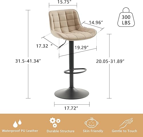 Miniatura 32 de YOUTASTE Taburetes de bar negros de altura de mostrador, juego de 2 taburetes de bar ajustables giratorios de piel sintética con respaldo acolchado,