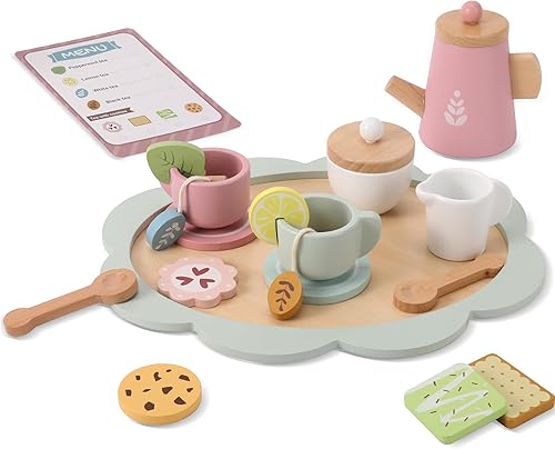 Juego de té de madera para niñas pequeñas, juego de fiesta de té, juego de madera accesorios de cocina, juguetes para 1, 2, 3 años, 21 unidades