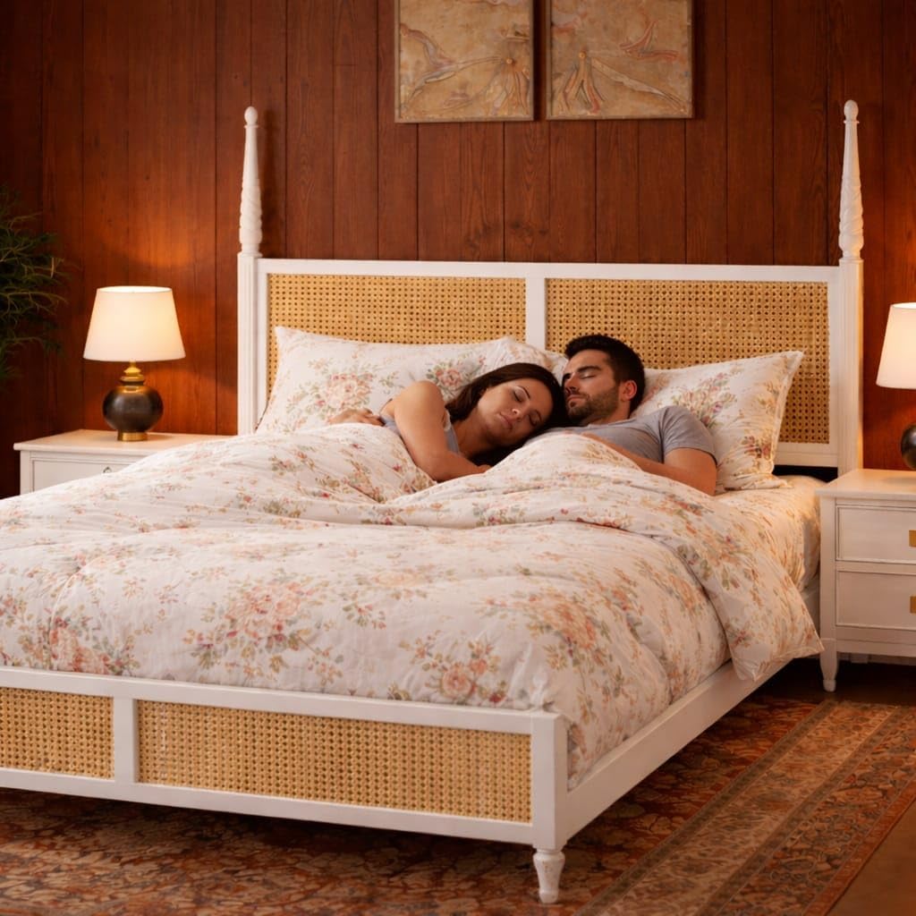 janghu furniturewala solid sheesham wood bed with natural cane jali work | premium wooden bed for bedroom | handcrafted rattan headboard & footboard | (honey finish) (queen [white finish])