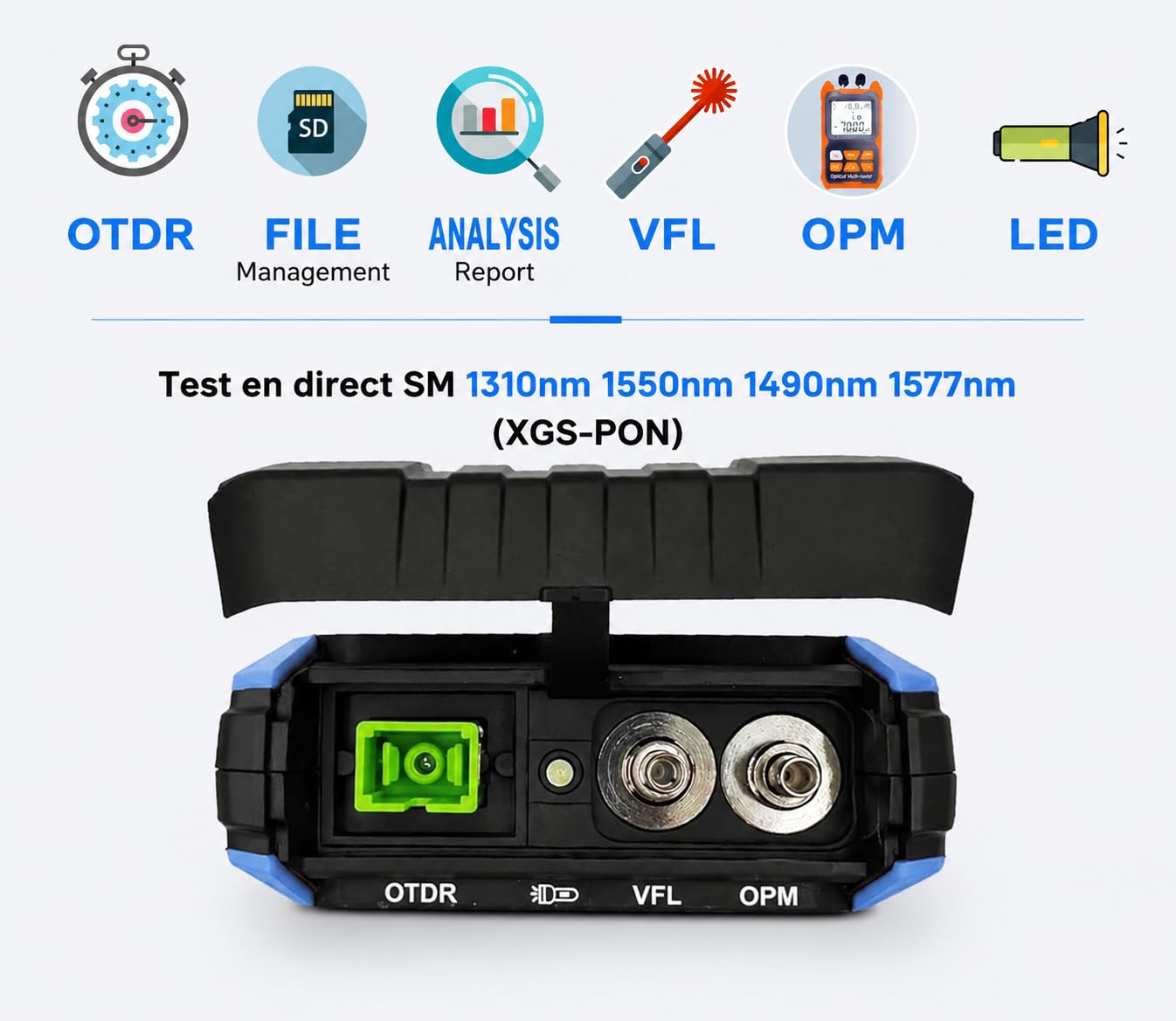 Elfcam - Mini OTDR Monomodo ELF-2900, para pruebas en línea 1270nm/1310nm/1550nm/1490nm/1577nm XGS-PON, 22dB/20dB, hasta 60 km, con fotómetro multímetro óptico y VFL