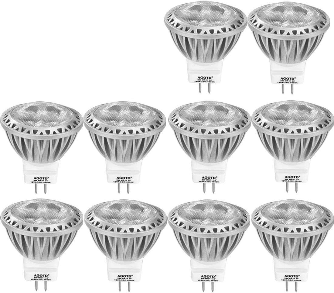 AGOTD MR11 GU4 LED Lamp Bulb, 3 Watt Spot Light, 35X38mm(1.38x1.50 inch), 12 Volts AC DC Lighting Fixture, Daylight White 6000K,20W 35W Halogen Lamp Equiv,250 Lumen, Not Dimmable, Set of 10 [Energy Class F]