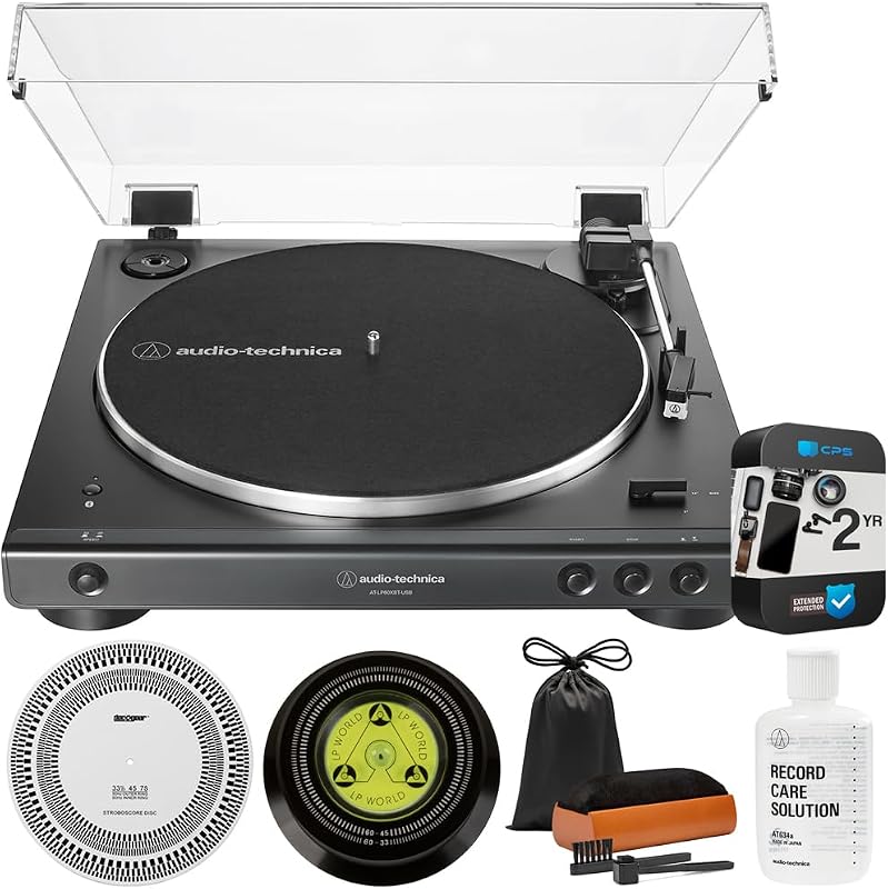 AT-LP60XBT-USB Automatic Belt-Drive Turntable with Bluetooth, USB Bundle with 2 YR CPS Enhanced Protection Pack, Record Care Solution, Cleaning Kit, Stroboscope and Record Stabilizer