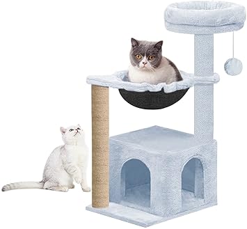 Hiputee Soft Fur Condo Activity Cat Tree - Natural Sisal Rope Scratching Post, Hanging Ball, Hammock for Cats and Kittens (Height 32.3 Inch) (Grey)