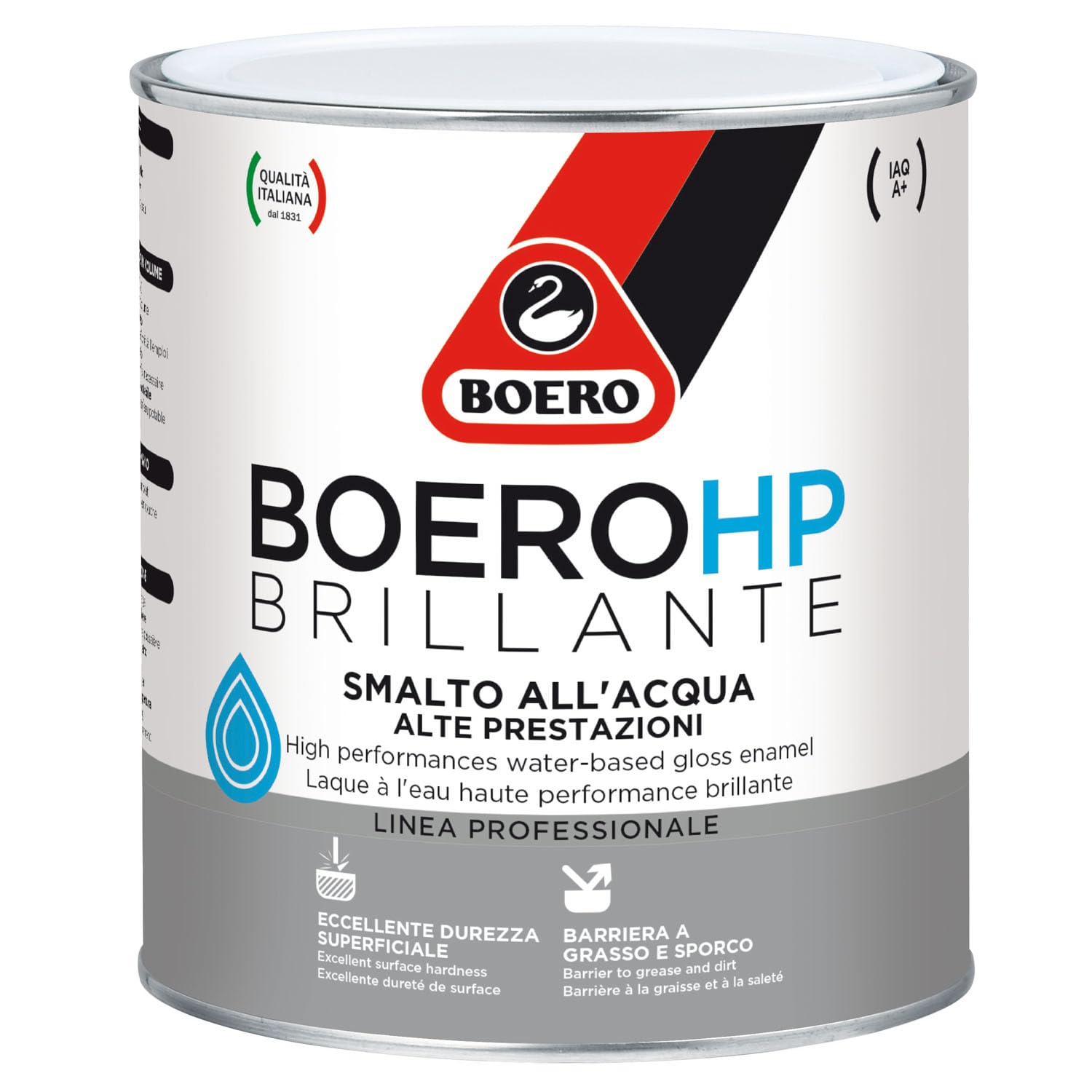 Boero HP brillante smalto all'acqua ad altissime prestazioni. Barriera antisporco ed antigraffio. Ottimo per verniciare ferro,​legno, plastica,​PVC, lamiera zincata etc.