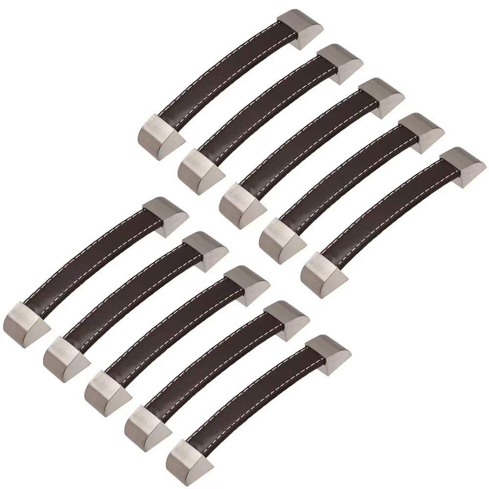 10 Stück Schranktürgriffe, handgefertigt, Leder, Koffergriff, schwarzer Knopf, Kommode, Schublade, Türgriff, PU-Leder, Küchengriffe, Lochmitten 160 mm (braune Lochmitten 128 mm)