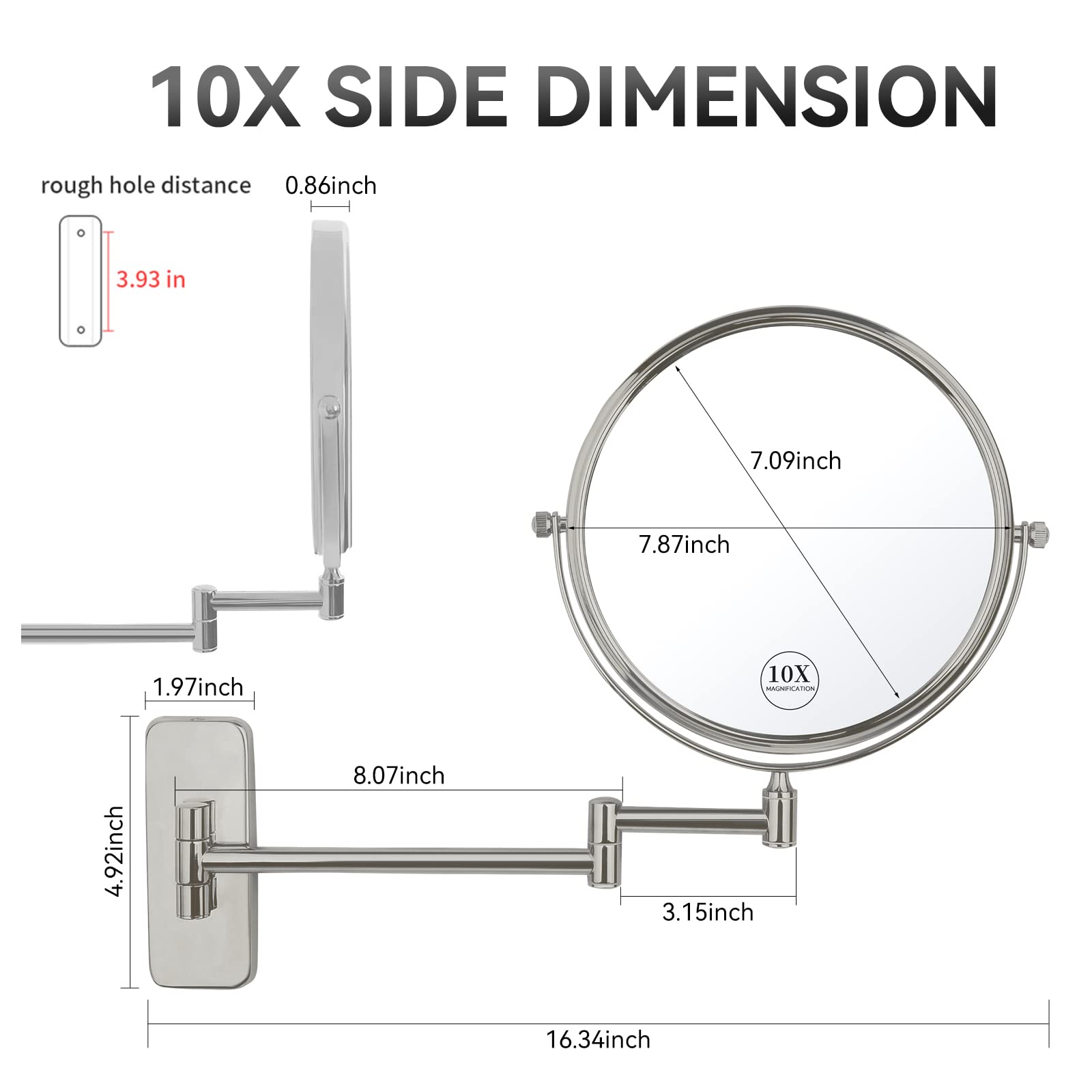 Nicesail Wand Kosmetikspiegel mit Vergrößerung 10x Schminkspiegel Wandmontage - 360° Swivel Extension - Rasierspiegel Ausziehbar - Vergrößerungsspiegel für Bad - Chrom,Durchmesser 20cm