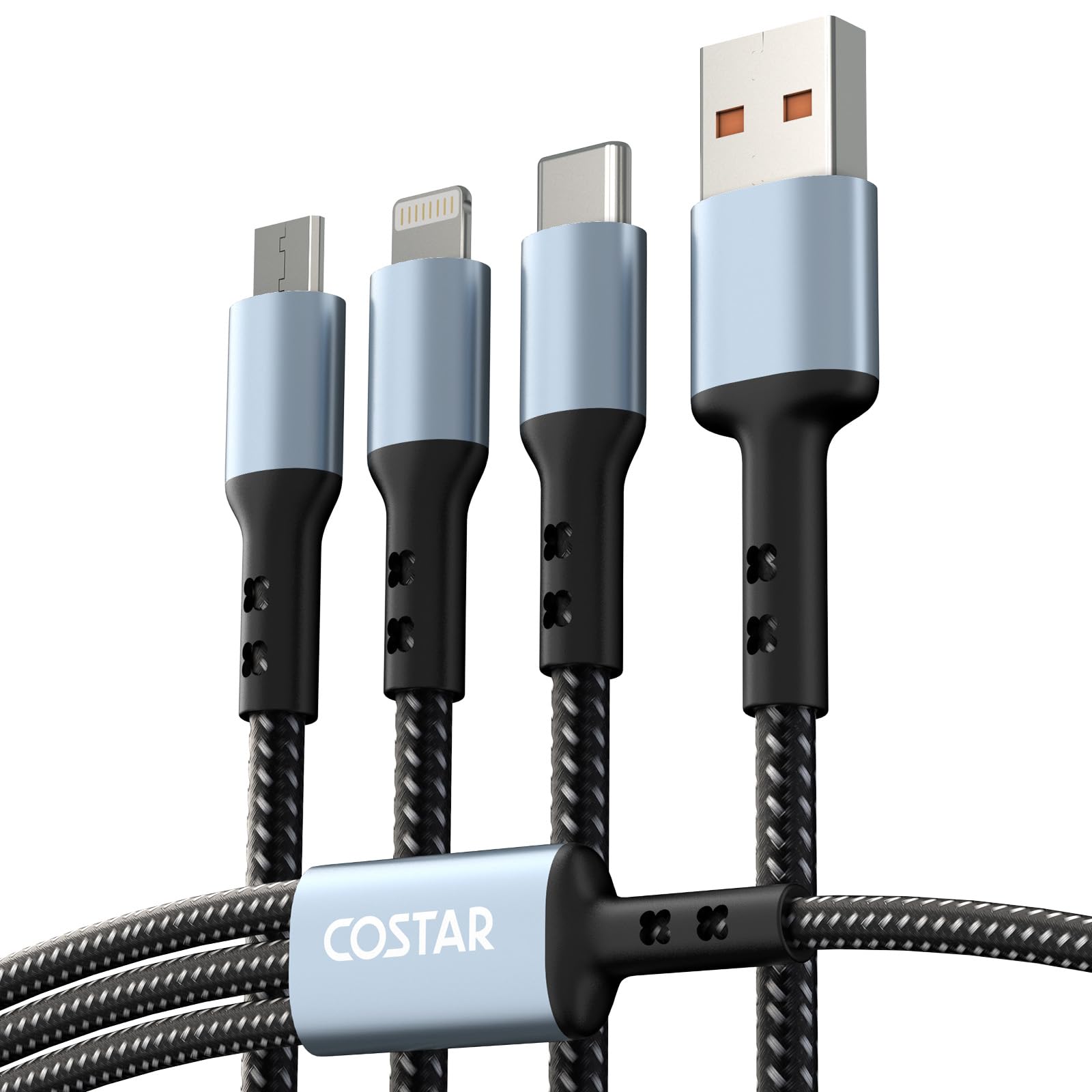 COSTAR 60W 3-in-1 Multi Fast Charging Cable – 3A Nylon Braided 1.5M Cable with Lightning, Type-C & Micro USB for iPhone, iPad, Samsung, OnePlus, Xiaomi, Oppo, Vivo, Android & Car Charging (Black)