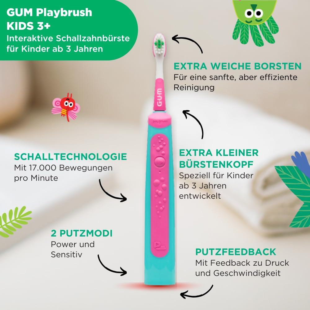 GUM Playbrush KIDS 3+ elektrische Zahnbürste | Interaktive Spiel-App | 2 Putzmodi | Extra weiche Borsten | 8 Wochen Akku | Timer | 1x Schallzahnbürste, wiederaufladbar | 2 extra Bürstenköpfe | Pink