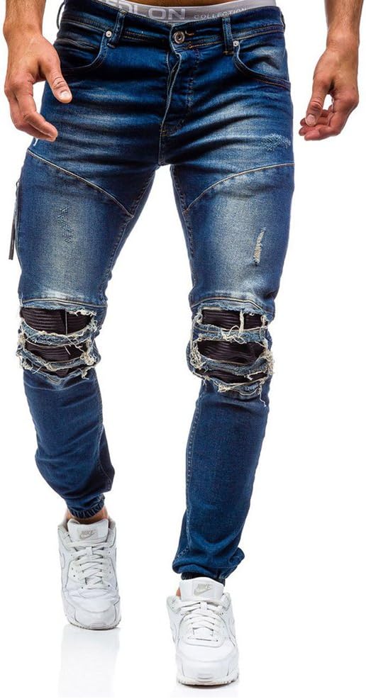 Men's Slim Jeans Denim Ripped Jeans Jogger Trouser with Elastic Cuffed