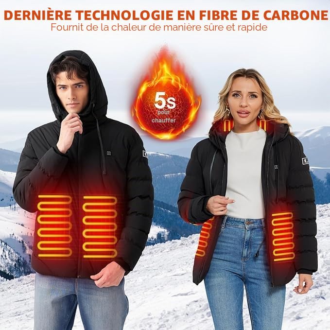 Veste Chauffante Homme Femme avec Capuche Doudoune Chauffante Manteau Chauffant Avec Batterie 10000 mAh 3 niveaux de température 4 Zones de Chauffage Lavable à l'eau pour Ski Pêche Randonnée Plein Air