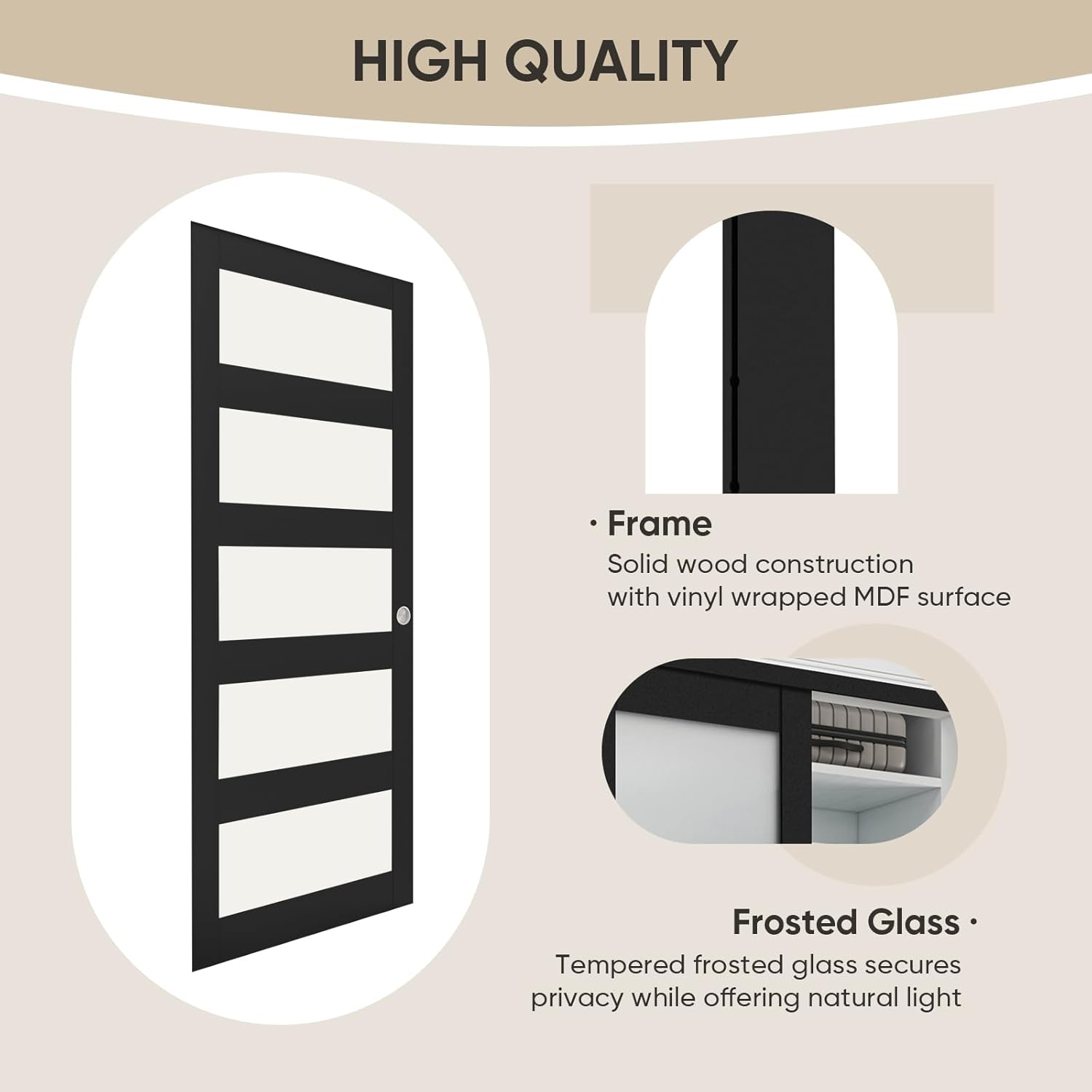 JUBEST 60" x 80" Sliding Closet Door, 5-Lite Frosted Glass Bypass Door with Hardware Kit & Matching Fascia, Pre-Drilled Solid Wood Slab with Water-Proof PVC Surface, Easy to Install, Black