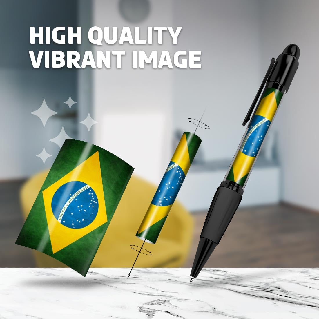Set of 4 Black Ballpoint Pens (Photo Insert) - Distressed Brazilian Flag Brazil - Soft Feel Finger Grip #56003 - Image 2