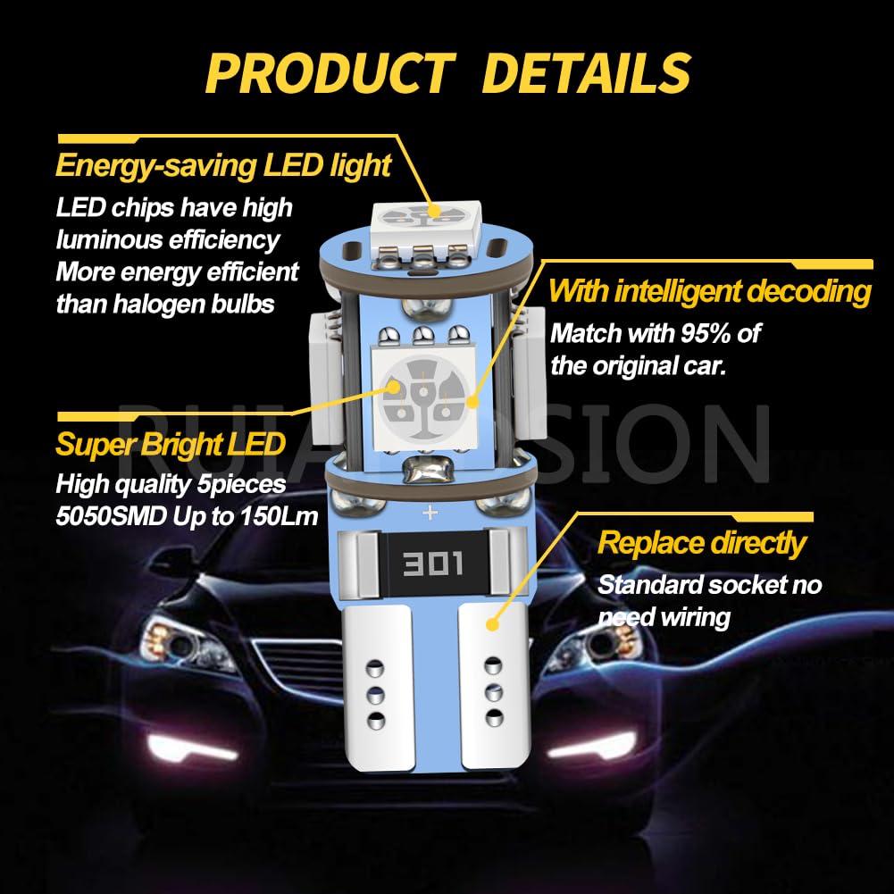 Ruiandsion Lampadina LED Blu Cuneo 501 T10 W5W Confezione 40pz, 5 SMD 5050 150 Lumen 12V DC, Luci Interne Porte Targa Posizione per Auto Furgoni Moto - Fornitura All'ingrosso Officina
