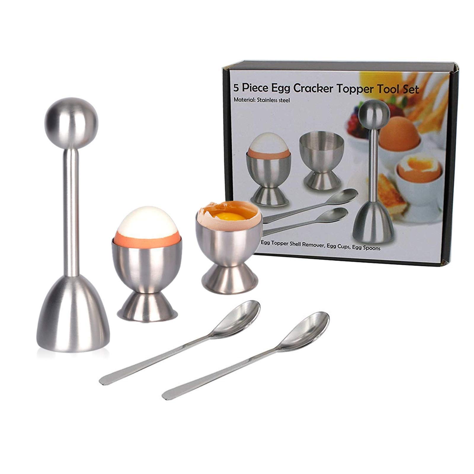 Egg Cutter Topper Set, 5 pcs Stainless Steel Egg Opener Egg Whacker Poached Egg Separator Egg Cracker Tool for Soft & Hard Boiled Eggs (2 Egg Cups+2 Oval Egg Spoons+1 Egg Topper Cutter Shell Remover)