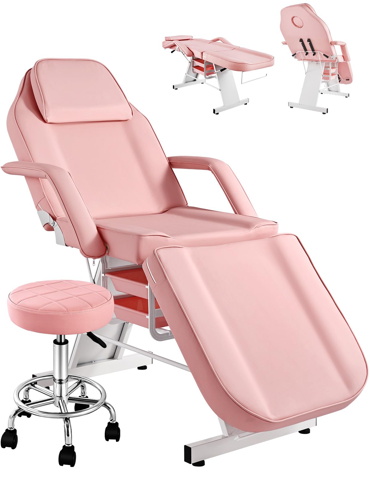 Hicomony Pink Tattoo Chair with Salon Stool, Esthetician Bed Tattoo Table with Storage Basket, Multi-Purpose Lash Chair Spa Bed, 360 Swivel Adjustable