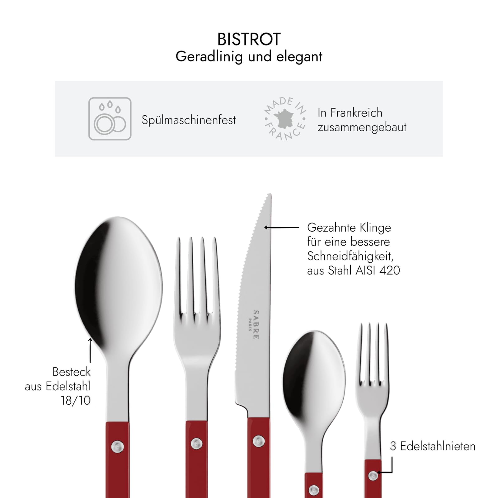 SABRE PARIS - Tafelbesteck, 5-teilig - Bistrot - Messer, Gabel, Esslöffel, Teelöffel & Kuchengabel - Edelstahl & Nylon - Spülmaschinenfest - Burgunderrot
