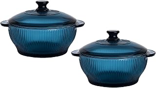 IndusBay® Pack of 2, Blue Color Fluted Design Toughened Microwave Safe Reheating Serving Flutted Glass Casserole with Lid,... Price In India