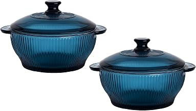 IndusBay® Pack of 2, Blue Color Fluted Design Toughened Microwave Safe Reheating Serving Flutted Glass Casserole with Lid,...