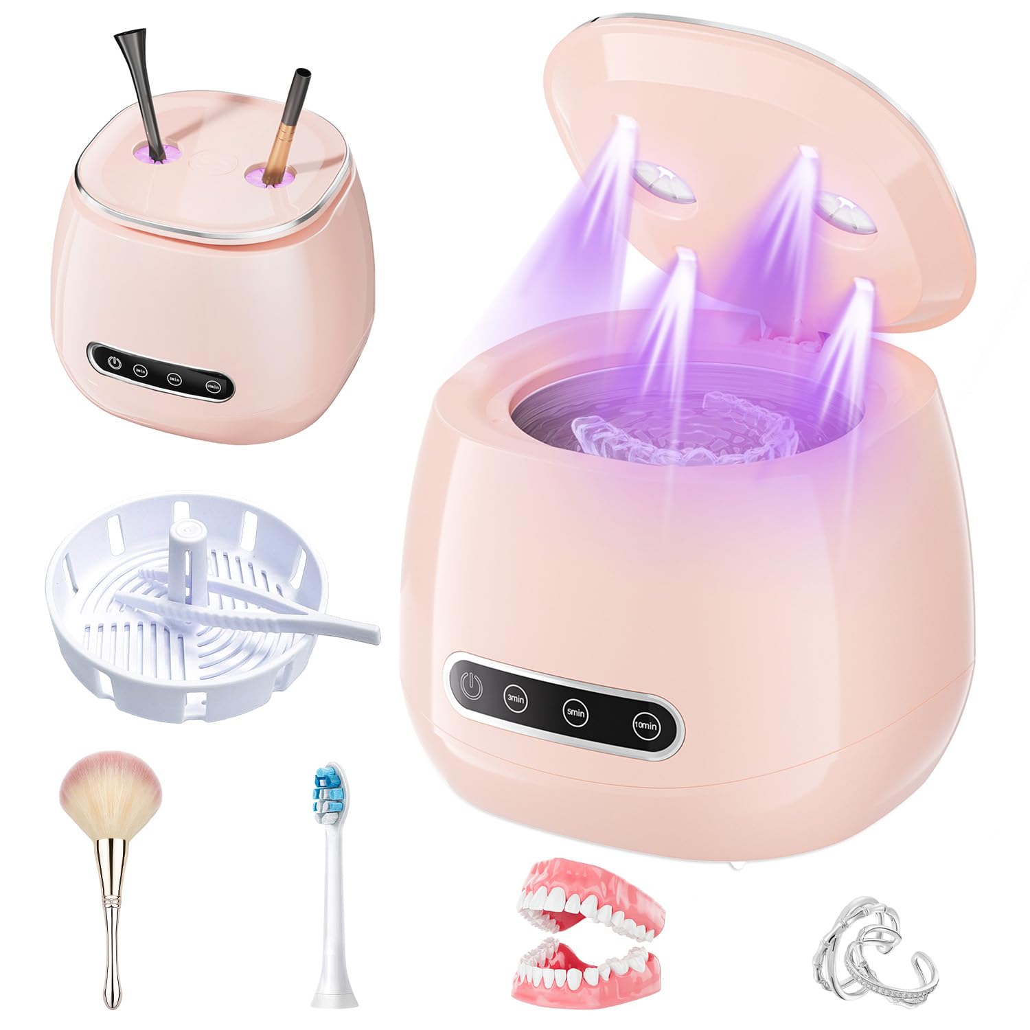 Pulitore ad ultrasuoni 48 kHz, pulitore a ultrasuoni per la pulizia dentale con timer digitale, doppia modalità di pulizia per tutti gli apparecchi dentali (rosa)