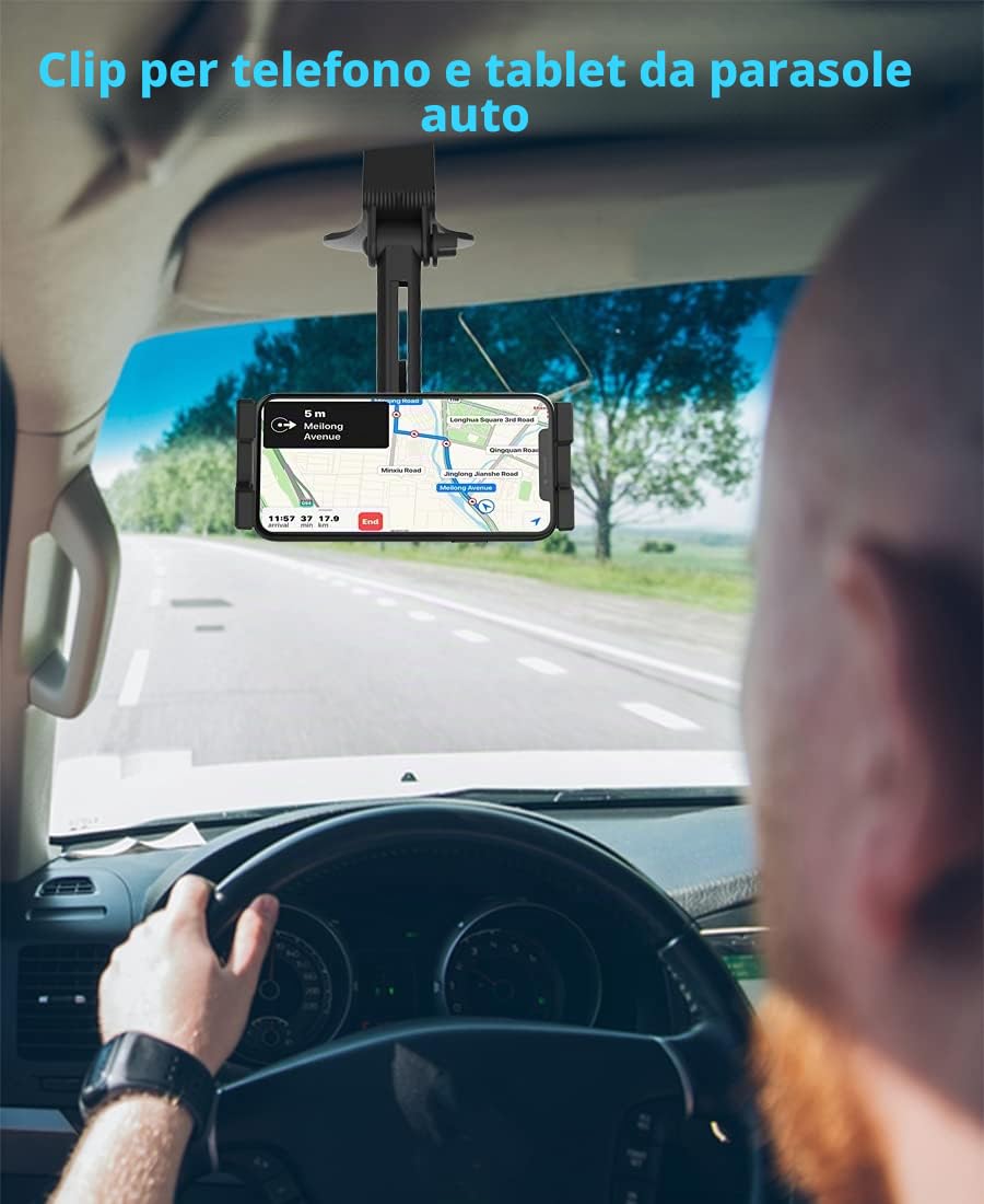 Porta Telefono Auto con Clip a Molla Regolabile 360° | Supporto Tablet Cellulare per Auto Cruscotto, Specchietto Retrovisore, Visiera Parasole per iPhone, iPad, Pixel, da 4-11"
