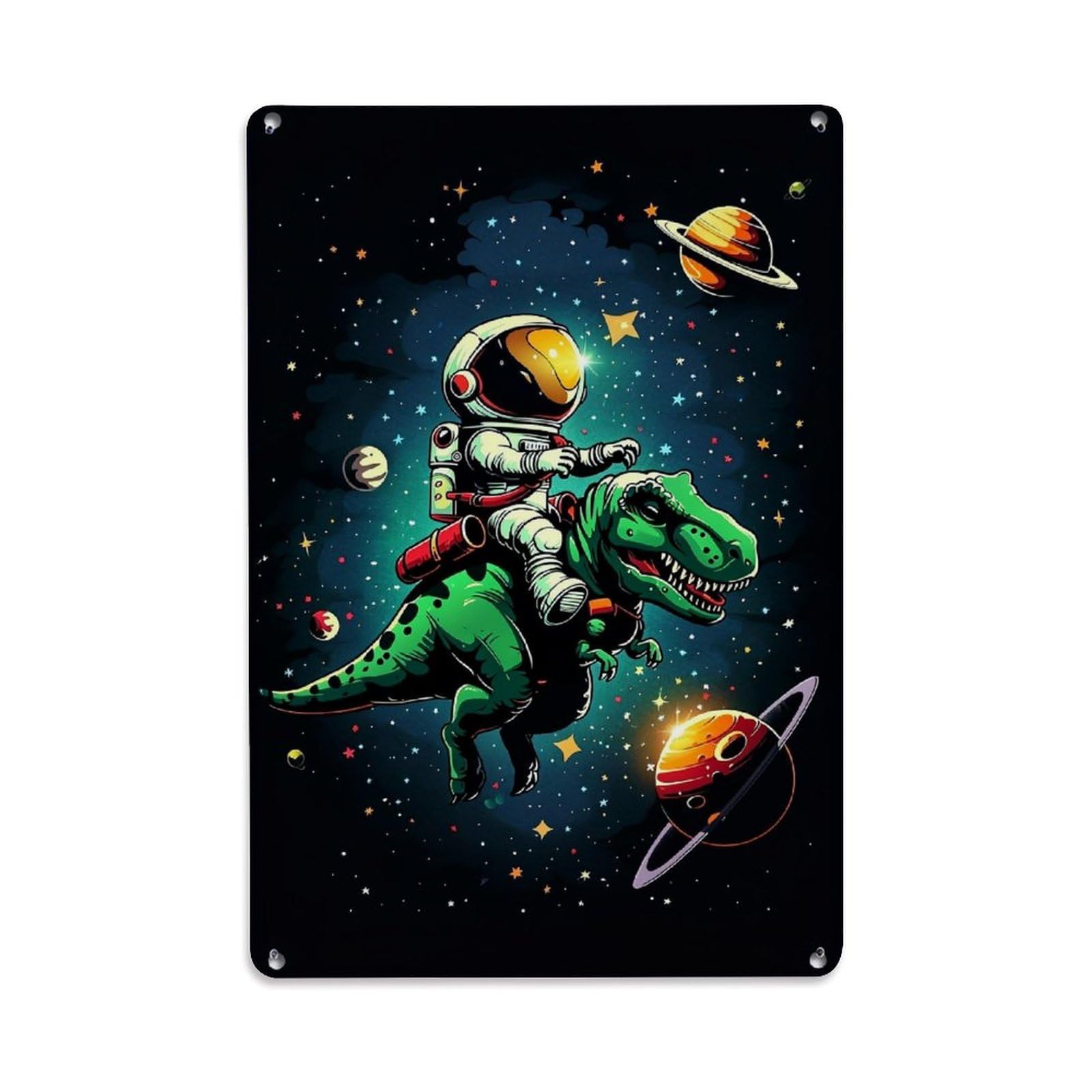 Bliveurn Vintage Astronaut Riding Green Dinosaur Space Retro Metal Tin Sign, Metal Poster For Home, Gaming Room, Studio Workshop,Bar,Garage Wall Art Decor 8X12 Inch