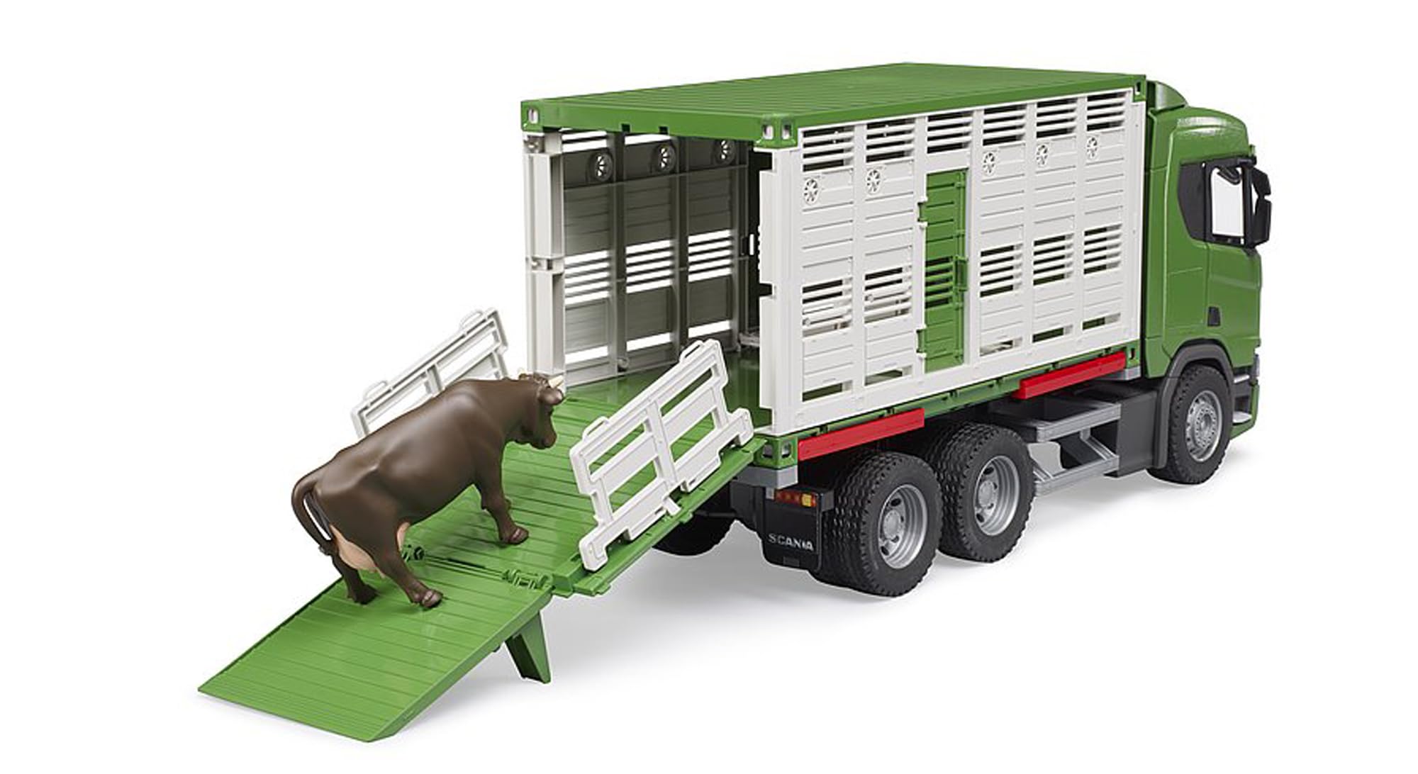 bruder 03548 - Scania Super 560R Tiertransporter LKW mit 1 Rind - 1:16 Fahrzeuge, Lastwagen, Vieh Anhänger, Spielzeug ab 4 Jahre