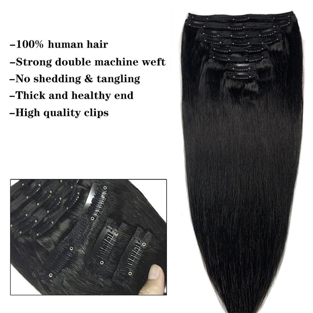 Extensiones de cabello humano con clip de 10 a 26 pulgadas, gruesas, sedosas, rectas, cabeza completa, 8 piezas, 18 clips, extensiones de cabello Remy brasileño de doble trama, color negro natural(10i