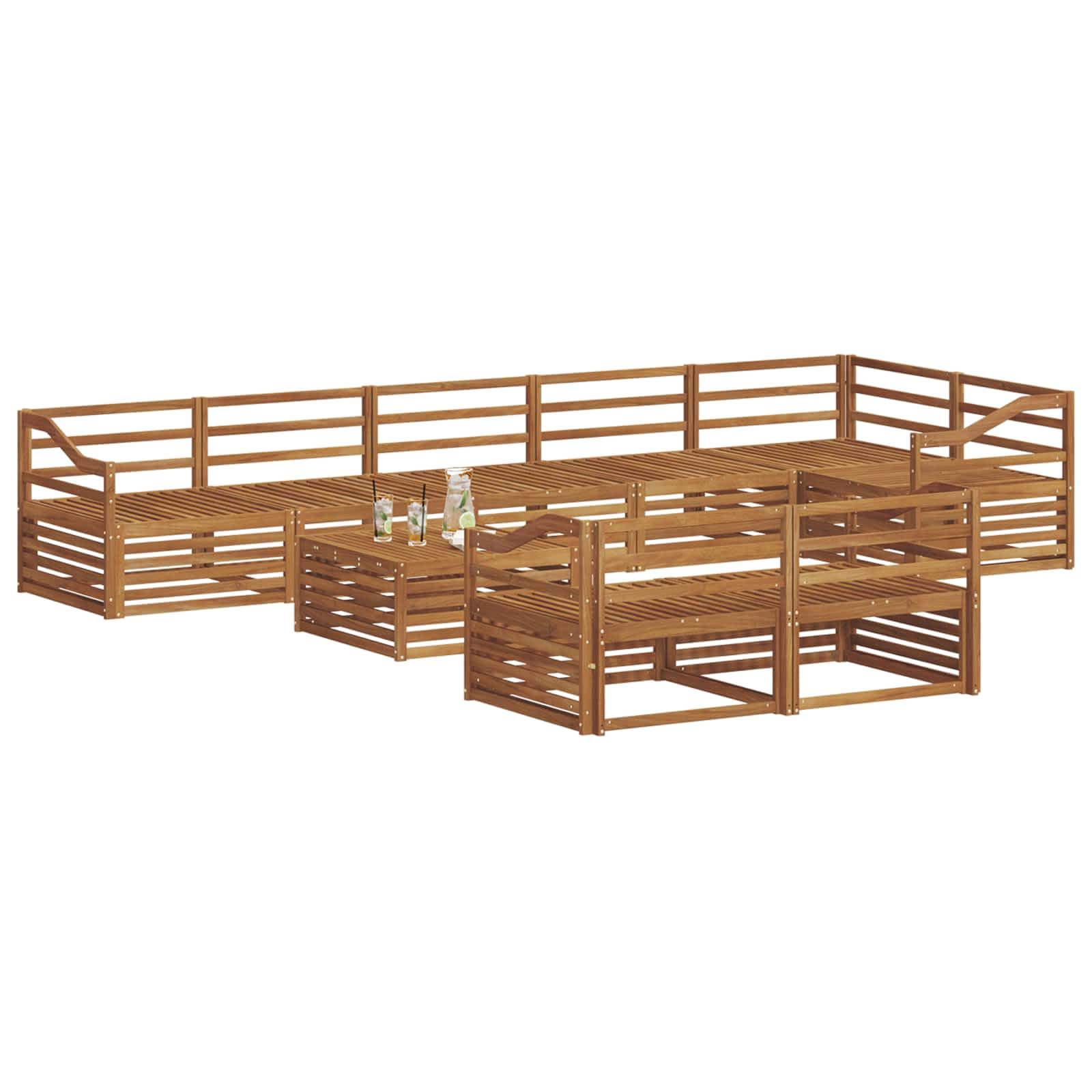 Gartenmöbelset 9-teilig aus massivem Akazienholz wetterfestes Design für Terrasse Balkon Garten Esszimmer Wohnzimmer Sitzgruppe mit Tisch, Sofas, Armlehnen, modulare Konfiguration