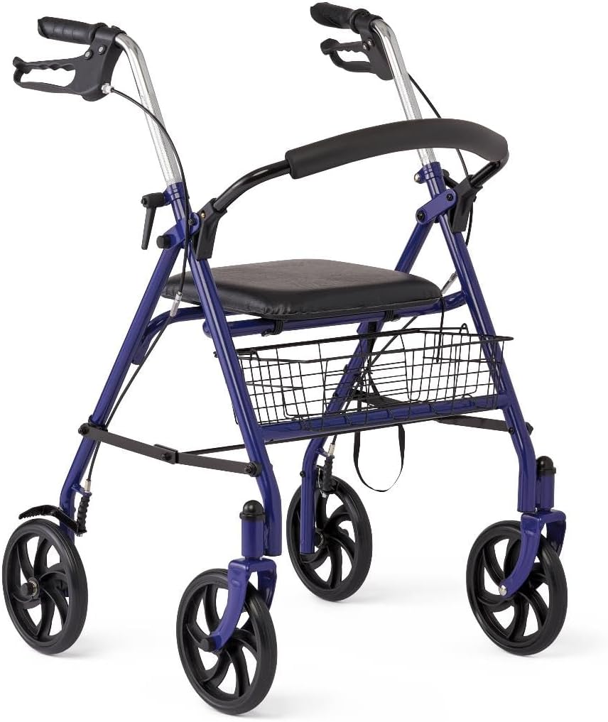 Medline Steel Rollator Walker with Seat, Blue, 300 lb. Weight Capacity, 8” Wheels, Foldable, Adjustable Handles, For Seniors, For Mobility Impairment