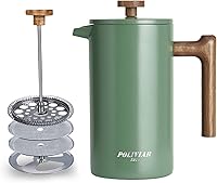 POLIVIAR 34oz French Press Coffee Maker - Insulated Stainless Steel with Wood Handle, Dual Filter for Smooth Coffee & Tea