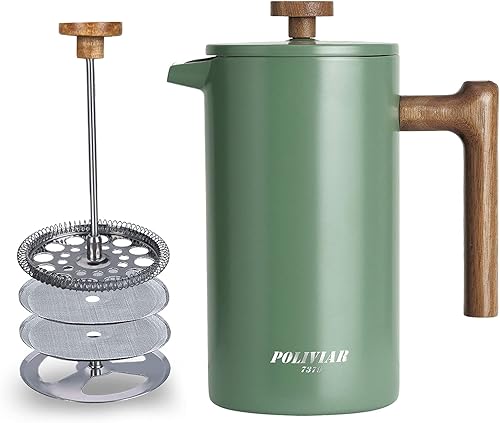 POLIVIAR - Cafetera de prensa francesa prensa de café de 34 onzas con mango de madera real aislamiento de doble pared y pantalla de doble filtro