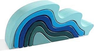 MERRYHEART Wooden Rainbow Stacking Toy, Water Wave Elements Wooden Stacker, Various Shapes Nesting Stacking Blocks, Waldorf & Montessori Open-Ended Education Toy for Kids/Toddlers