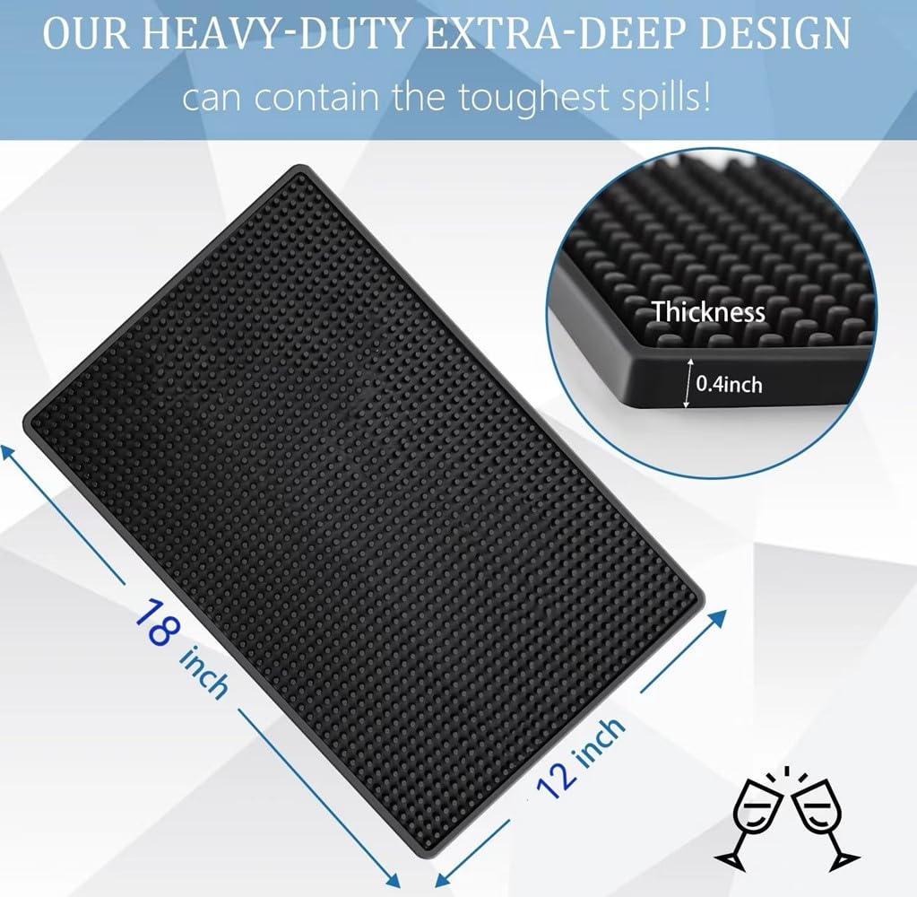 Tapete de Goma para Bar de 18 x 12 Pulgadas, tapete de Goma para derrames de cóctel, Camarero, Juego de 2 Alfombrillas de Secado de Vidrio para cafetería o encimera (Negro, 18 x 12 Pulgadas)