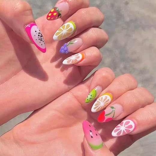 MISUD Press on Nails - Medium Almond Fake Nails, Acrylic Summer Colorful Fruit Design 24 pcs