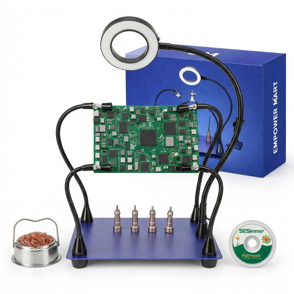 Helping Hands - Stazione di saldatura con lente d'ingrandimento 10X con luce LED, 4 bracci flessibili, grande base in acciaio resistente, supporto per PCB con pulitore in ottone e stoppino dissaldante